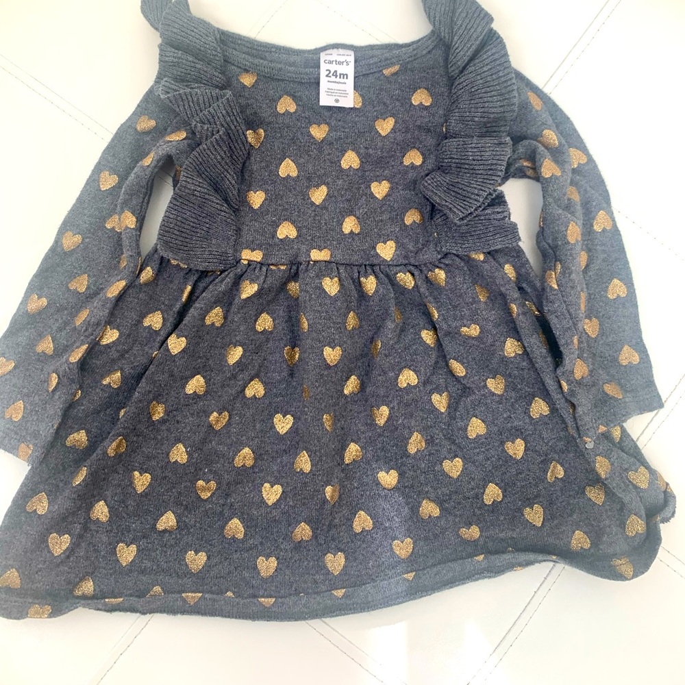Girls grey sweater dress with gold hearts
